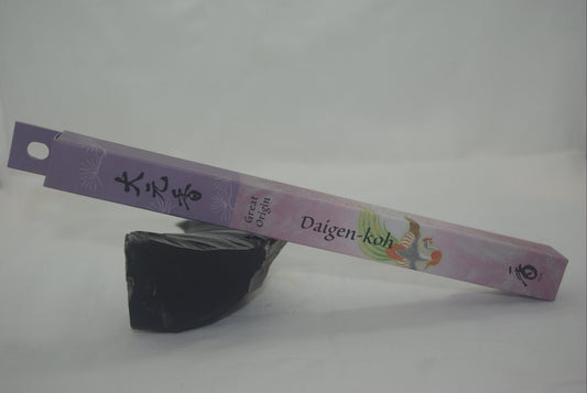 Incense stick with a purple label on a white background