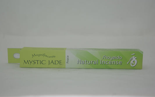 Green box of Shoyeido Mystic Jade natural incense on a white background